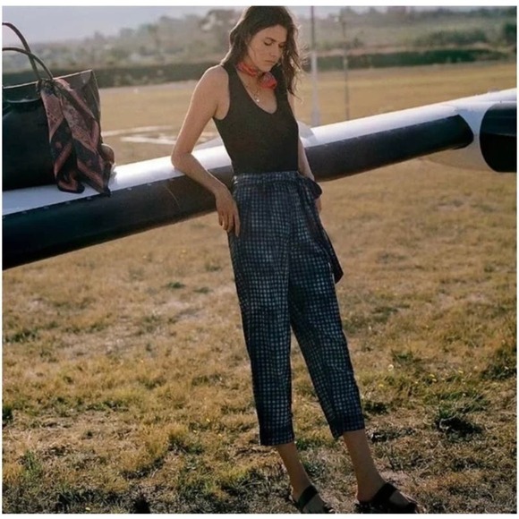 Maeve| Anthropologie Avryl Bleached Slim Pant High Waist Belt Blue Plaid Size 4 - Picture 1 of 8